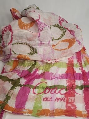 Coach Pink, Green & Orange Brushstroke Logo and Plaid Silk Blend Crinkle  Scarf